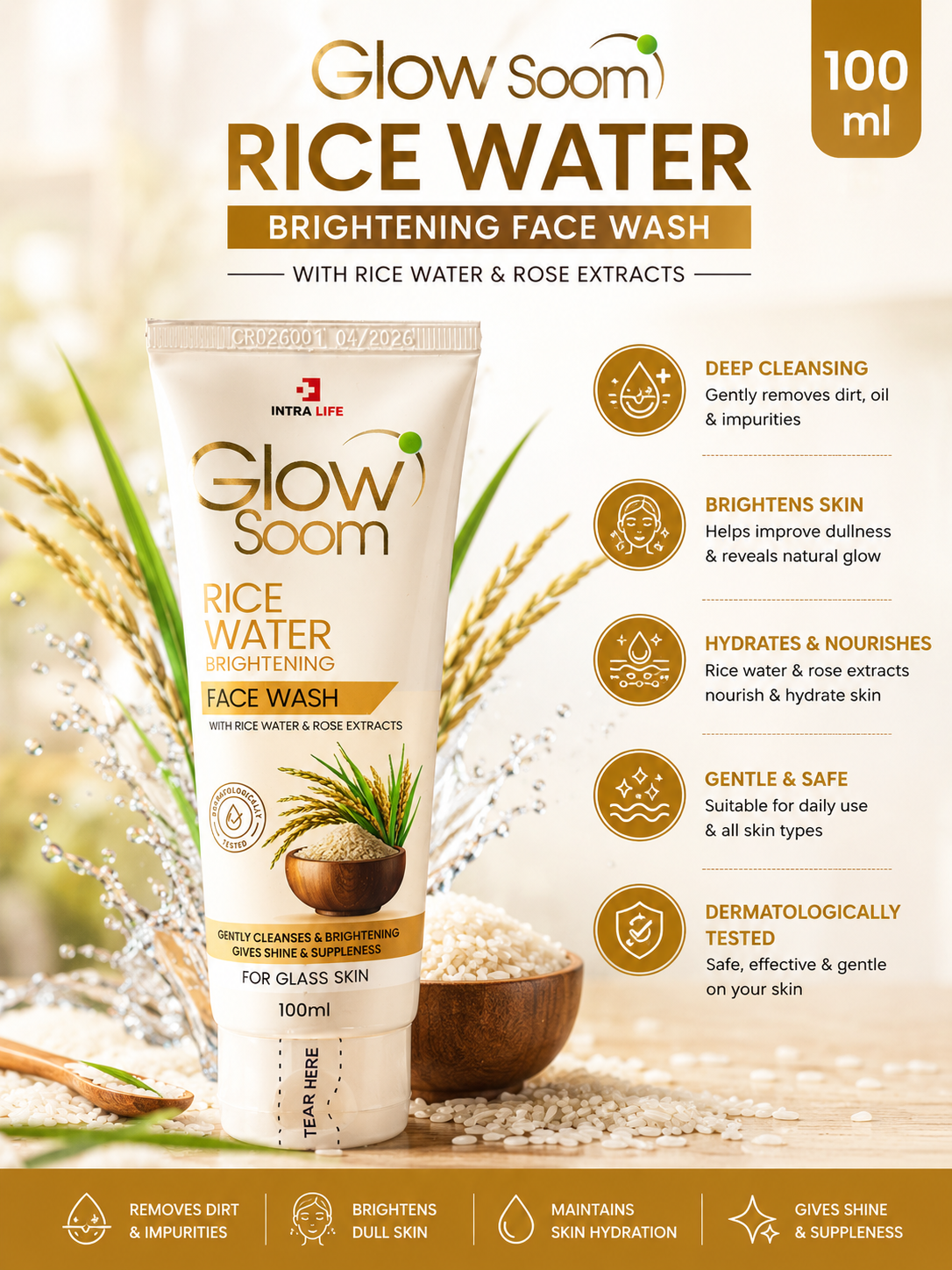 Rice Water Brightening Face Wash with Rice Water & Rose Extracts – 100ml
