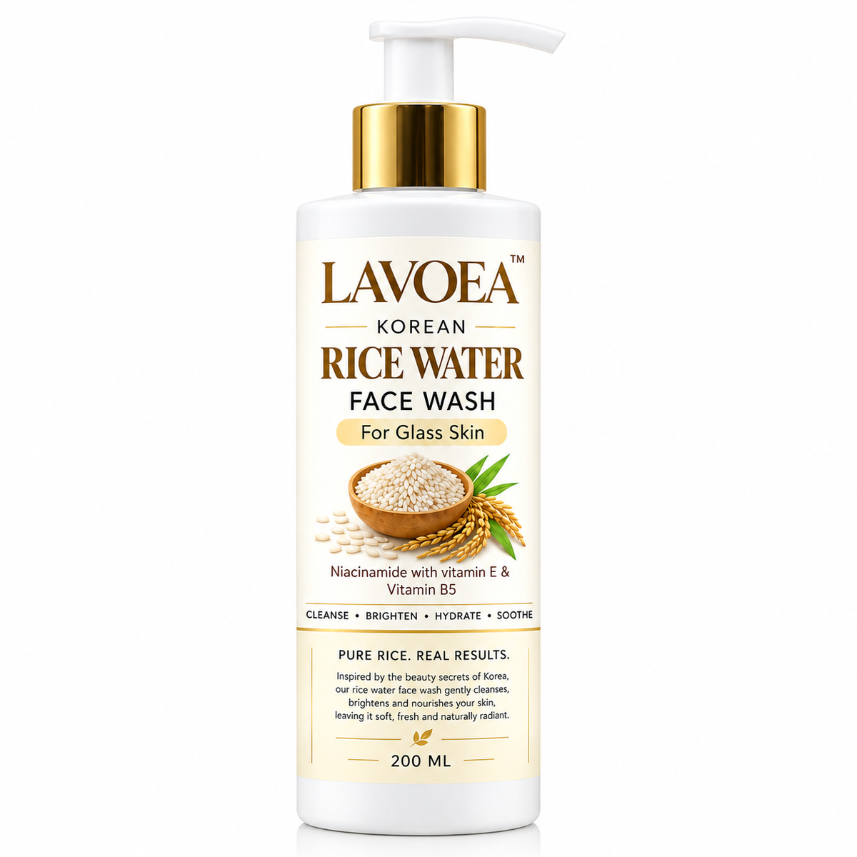 Lavoea Korean Rice Water Face Wash with Niacinamide, Vitamin E & Vitamin B5 | Hydrating, Brightening & Even-Tone Face Cleanser for Glass Skin | For All Skin Types, Men & Women | 200 ml