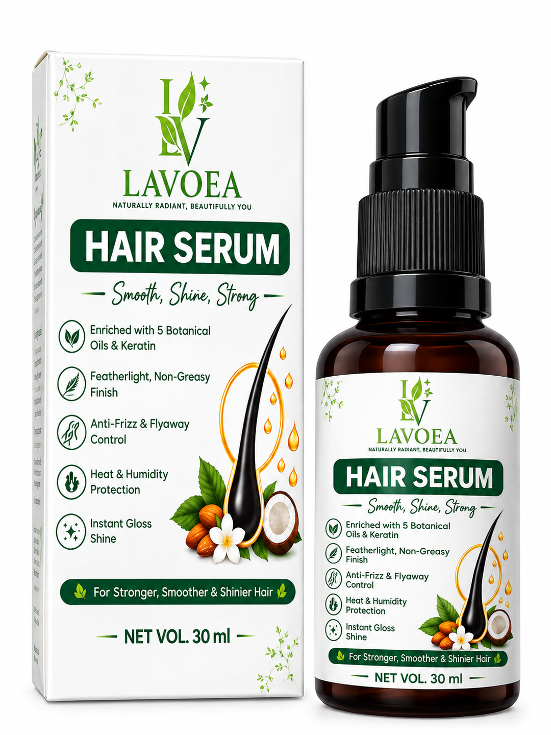 LAVOEA Hair Serum for Men & Women | Enriched with 5 Botanical Oils & Keratin | Anti-Frizz & Flyaway Control | Heat & Humidity Protection | Lightweight Non-Greasy Hair Serum | 30 ml