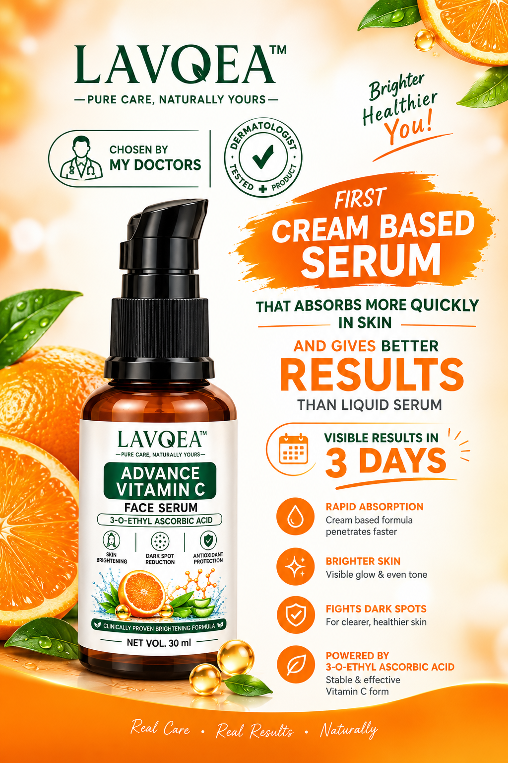 Lavoea Brightening Vitamin C Face Serum, 30 mL | With Vitamin C, Niacinamide & Hyaluronic Acid | Dermatologically Tested