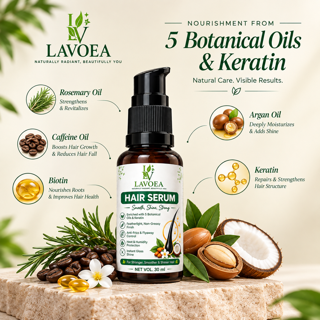 LAVOEA Hair Serum for Men & Women | Enriched with 5 Botanical Oils & Keratin | Anti-Frizz & Flyaway Control | Heat & Humidity Protection | Lightweight Non-Greasy Hair Serum | 30 ml
