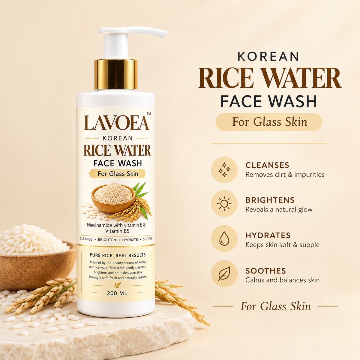 Lavoea Korean Rice Water Face Wash with Niacinamide, Vitamin E & Vitamin B5 | Hydrating, Brightening & Even-Tone Face Cleanser for Glass Skin | For All Skin Types, Men & Women | 200 ml