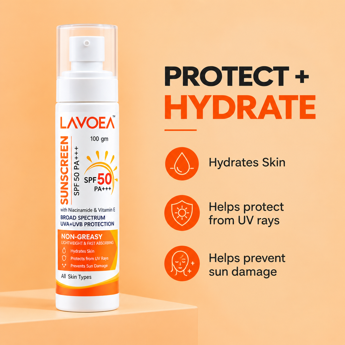 LAVOEA SPF 50 PA+++ Sunscreen for Face | Broad Spectrum UV Protection | With Hyaluronic Acid, Niacinamide & Vitamin E | Lightweight, Non-Greasy Daily Sunscreen | 100 gm