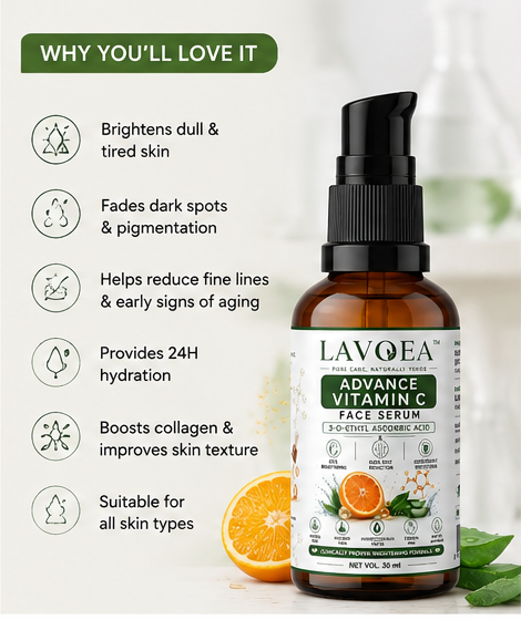 Lavoea Advance Vitamin C Face Serum | 3-O-Ethyl Ascorbic Acid | Brightening & Dark Spot Care | Antioxidant Face Serum | With Aloe Vera | 30ml