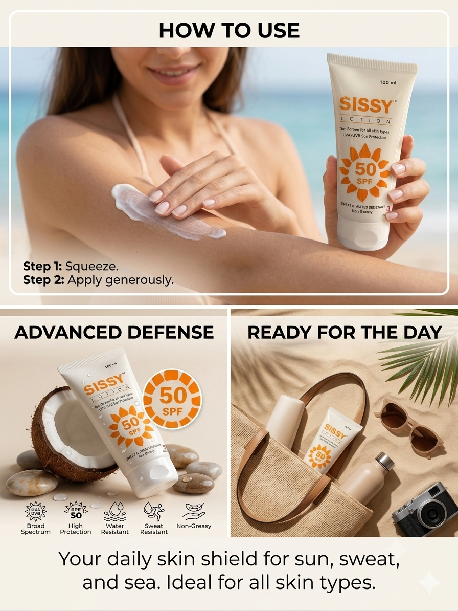 Sissy Lotion SPF 50 UVA/UVB Sunscreen | Lightweight Non-Greasy | All Skin Types - 100gm