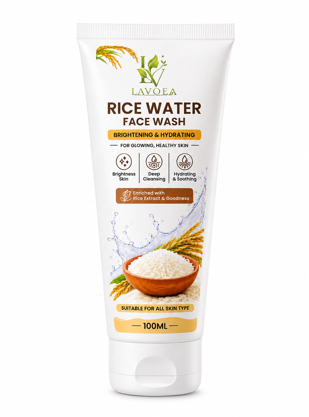 LAVOEA Rice Face Wash With Rice Water & Niacinamide for Glass Skin | For Hydrated & Even skin Tone | Glowing & Brightening | Korean skin Care Product | For All skin Types | For Men & Women | 100 ml