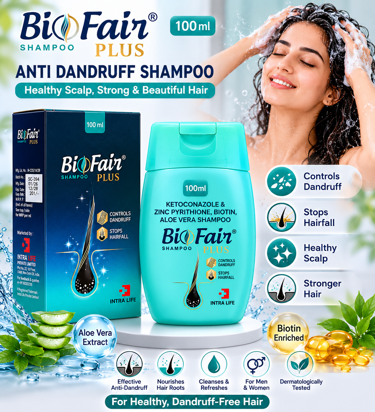 BioFair Plus Anti-Dandruff Shampoo | Ketoconazole, Zinc Pyrithione, Biotin & Aloe Vera | Scalp Care | Men & Women | 100ml