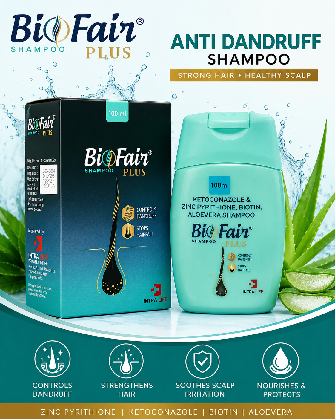 BioFair Plus Anti-Dandruff Shampoo | Ketoconazole, Zinc Pyrithione, Biotin & Aloe Vera | Scalp Care | Men & Women | 100ml