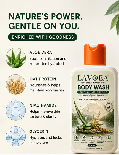 Lavoea Body Wash for All Skin Types | Gentle Cleanse & Deep Care | Hydrating Body Wash with Aloe Vera, Oat Protein & Niacinamide | Refreshing Daily Body Cleanser | 250ml