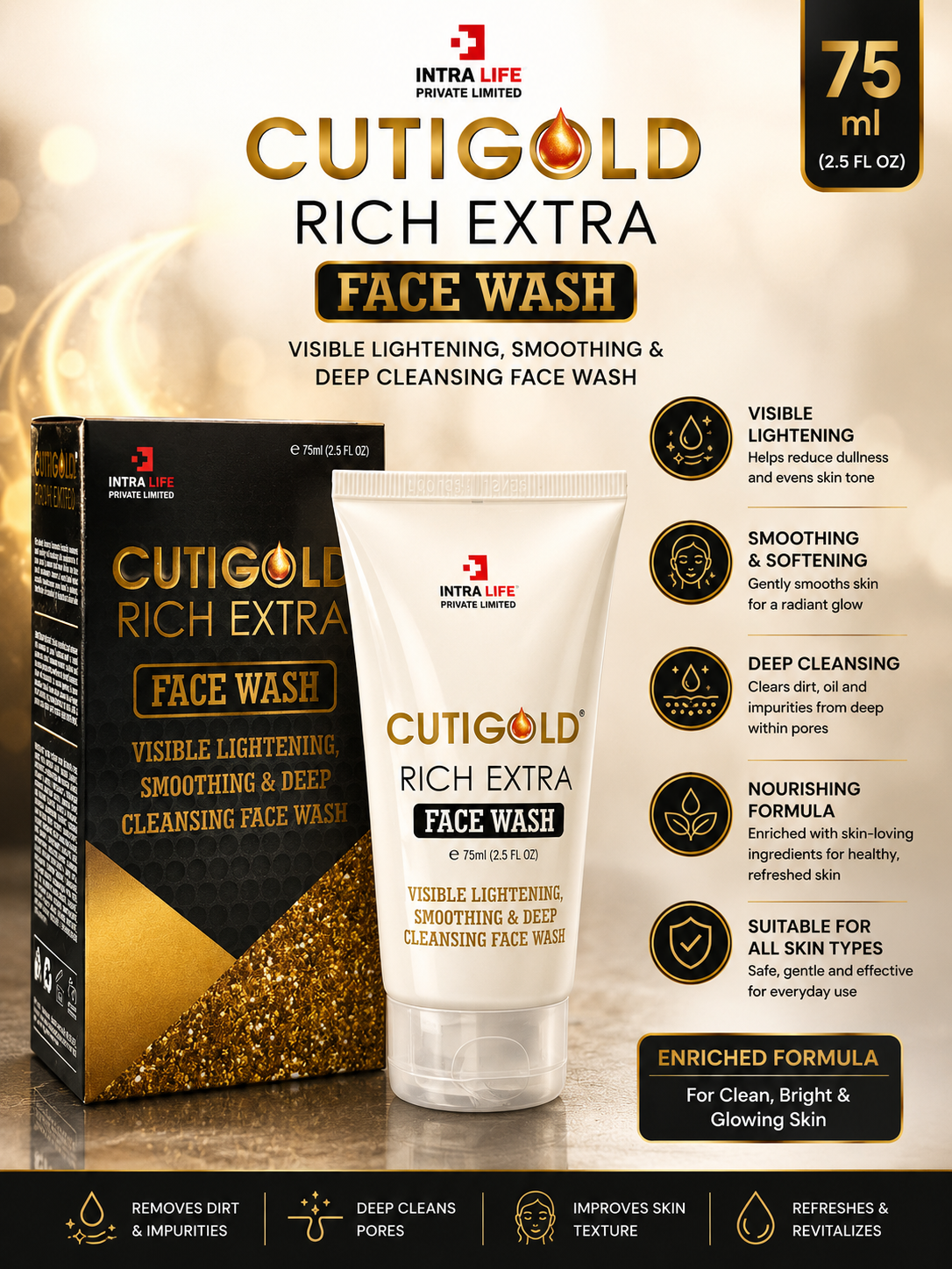 Cuti Gold Rich Extra Face Wash | Deep Cleansing & Skin Smoothing | Fresh & Radiant Skin | 75ml