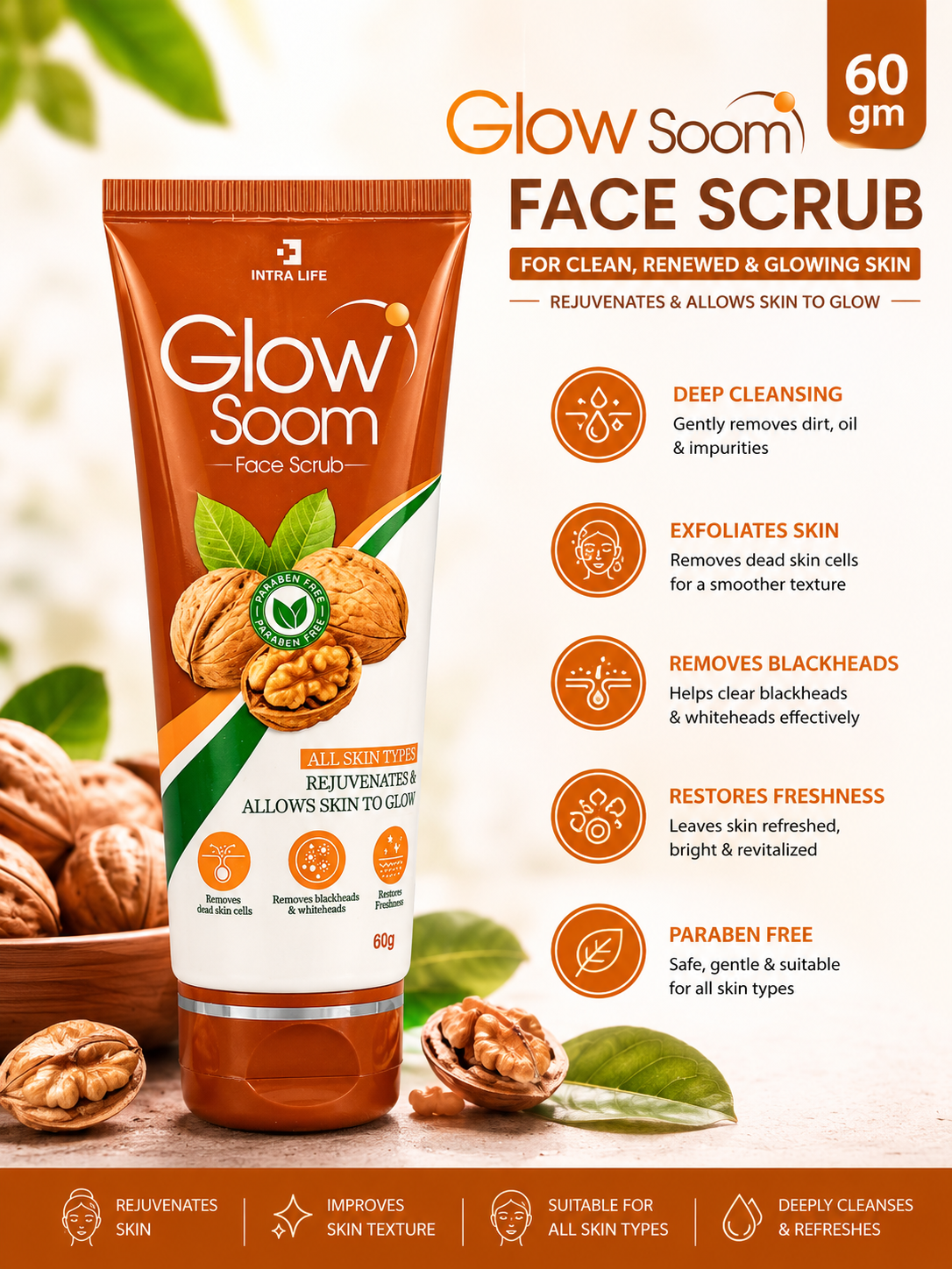 Glow Soom Gentle Exfoliating Face Scrub | Smooth & Radiant Skin | Men & Women | 60 Gm