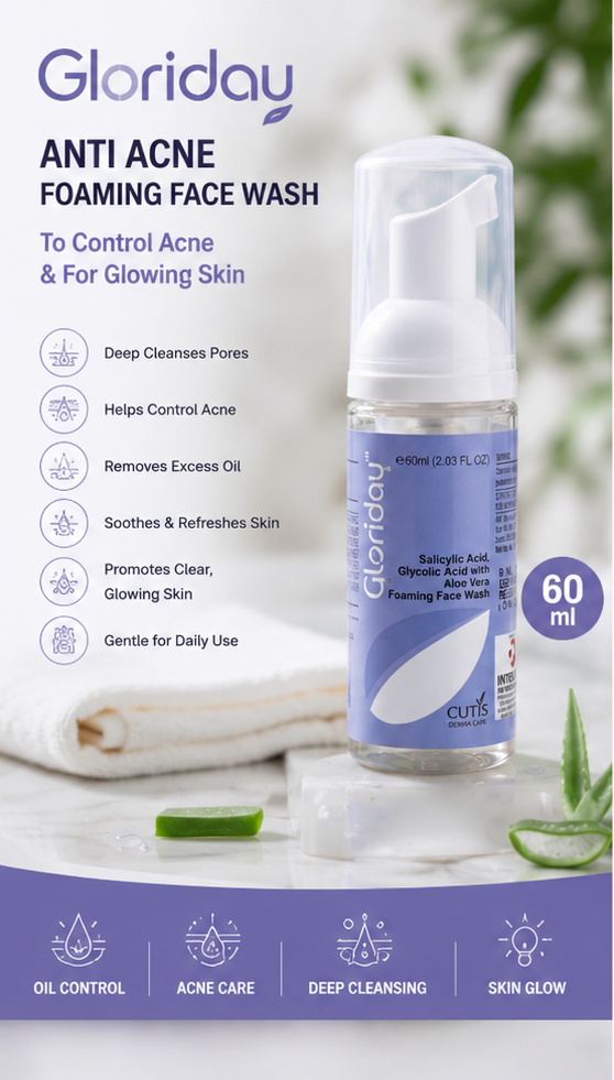 Gloriday Anti Acne Foaming Face Wash | Controls Acne & Gives Glowing Skin - 60 Ml