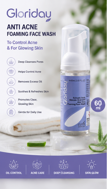 Gloriday Anti Acne Foaming Face Wash | Controls Acne & Gives Glowing Skin - 60 Ml