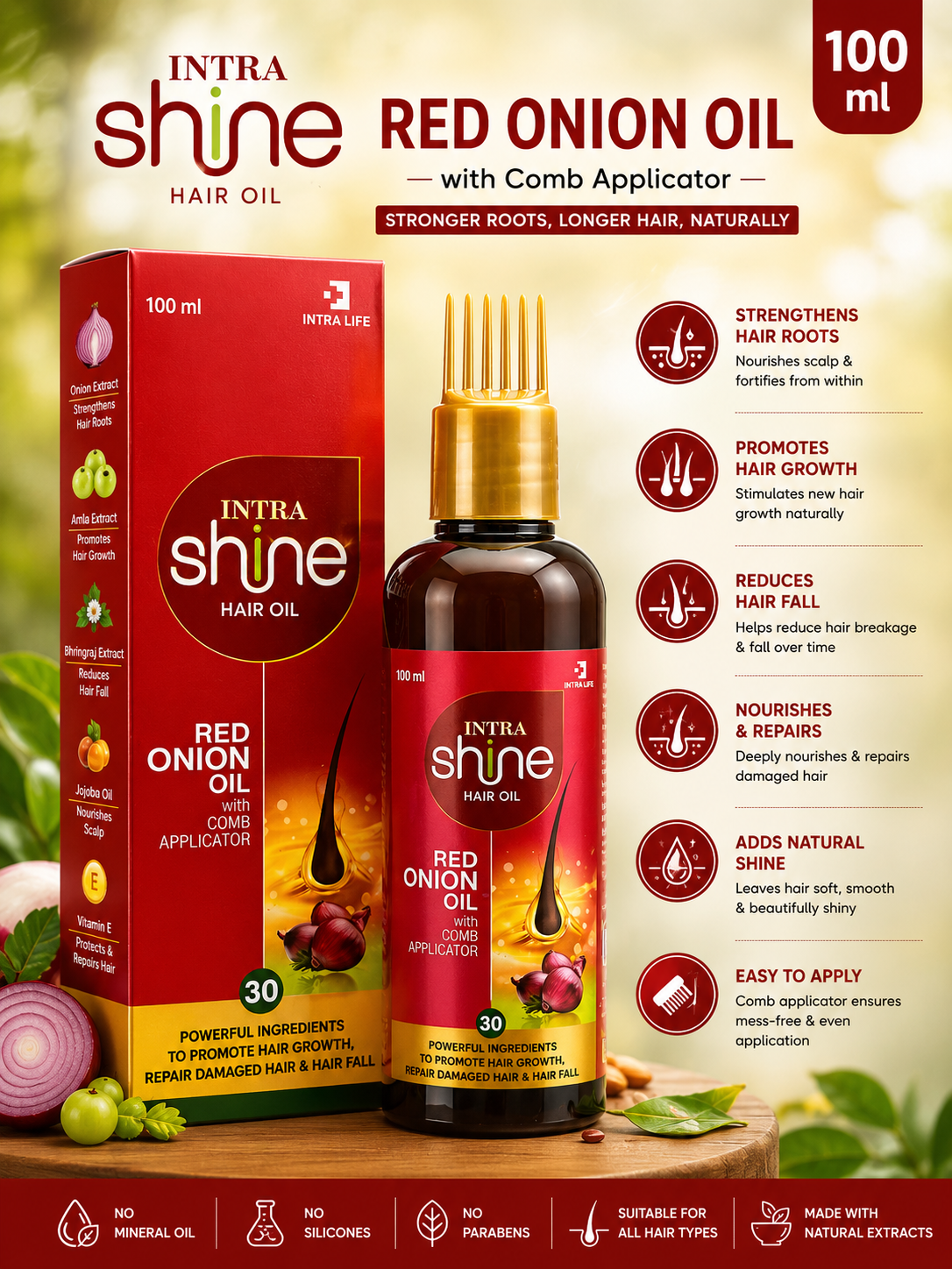 Intra Shine Red Onion Hair Oil with Comb Applicator | Nourishing Scalp Care | Non-Sticky | Men & Women | 100ml