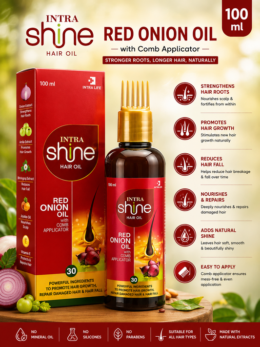 Intra Shine Red Onion Hair Oil with Comb Applicator | Nourishing Scalp Care | Non-Sticky | Men & Women | 100ml