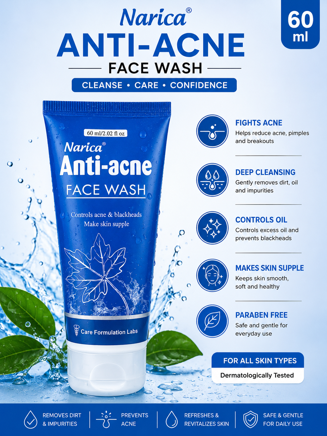 Narica Anti-Acne Face Wash | Controls Acne & Blackheads - 60 Ml