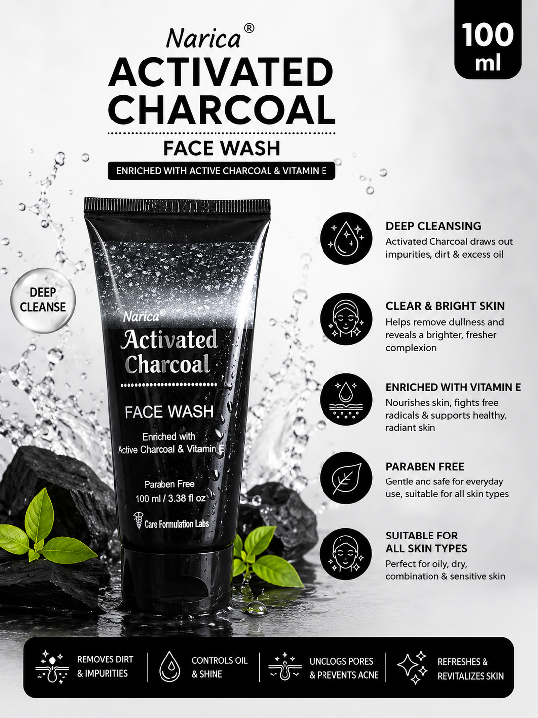 Narica Activated Charcoal Face Wash | Active Charcoal & Vitamin E | 100ml