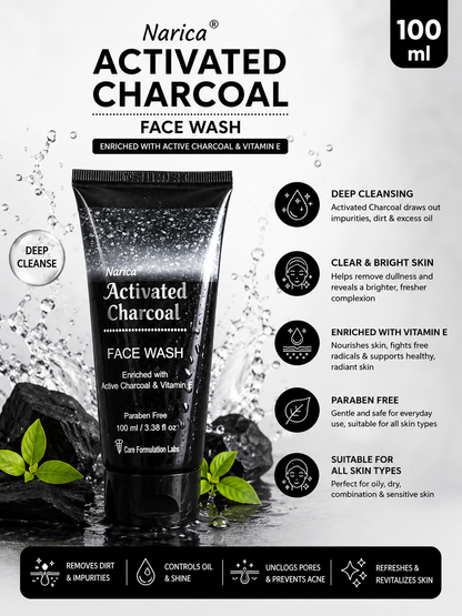 Narica Activated Charcoal Face Wash | Active Charcoal & Vitamin E | 100ml