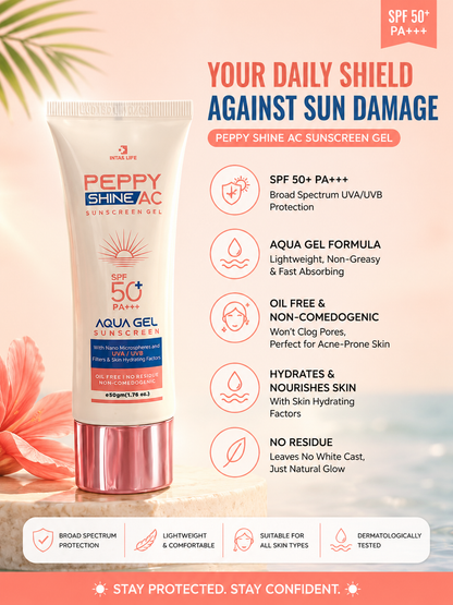 Peppy Shine SPF 50+ PA+++ Sunscreen | Lightweight Non-Greasy | All Skin Types - 50gm