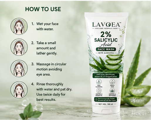 LAVOEA 2% Salicylic Acid Anti Acne Face Wash with Aloe Vera | Deep Cleansing & Oil Control | 100 ml