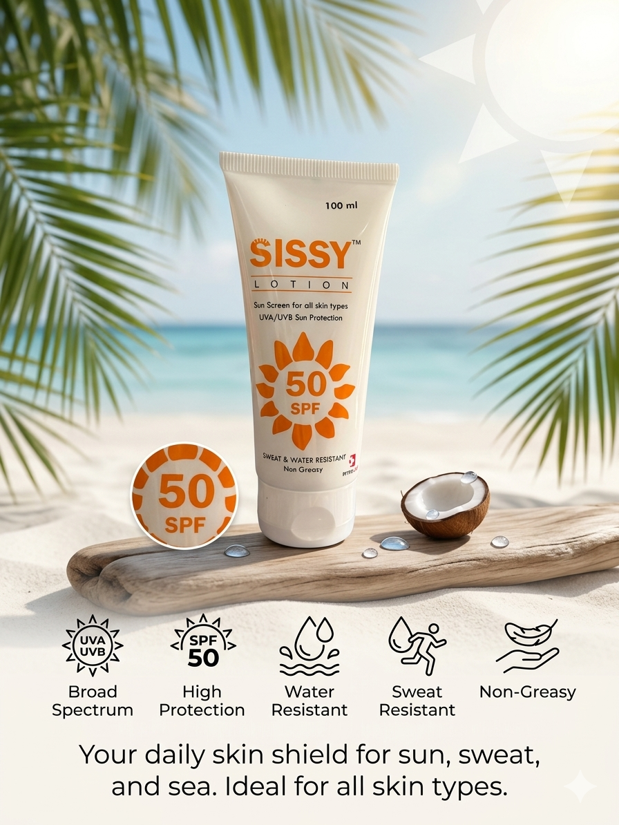 Sissy Lotion SPF 50 UVA/UVB Sunscreen | Lightweight Non-Greasy | All Skin Types - 100gm