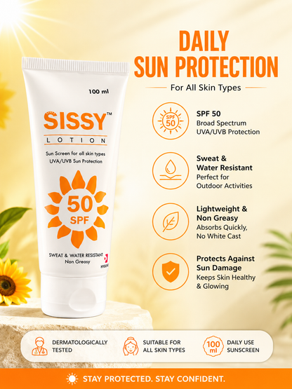 Sissy Lotion SPF 50 UVA/UVB Sunscreen | Lightweight Non-Greasy | All Skin Types - 100gm