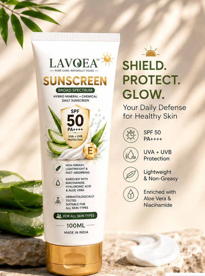 Lavoea SPF 50 PA++++ Broad Spectrum Sunscreen | UVA + UVB Protection | Lightweight, Non-Greasy Daily Sunscreen | With Niacinamide, Hyaluronic Acid & Aloe Vera | 100ml