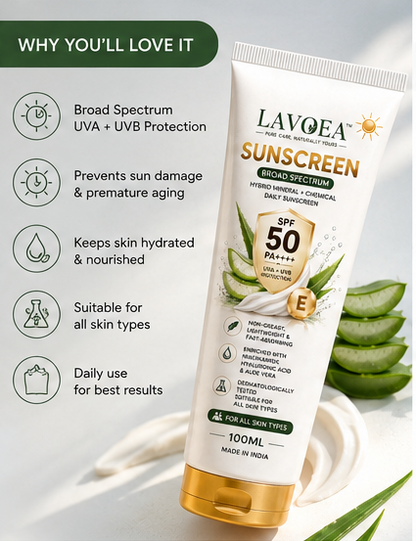 Lavoea SPF 50 PA++++ Broad Spectrum Sunscreen | UVA + UVB Protection | Lightweight, Non-Greasy Daily Sunscreen | With Niacinamide, Hyaluronic Acid & Aloe Vera | 100ml